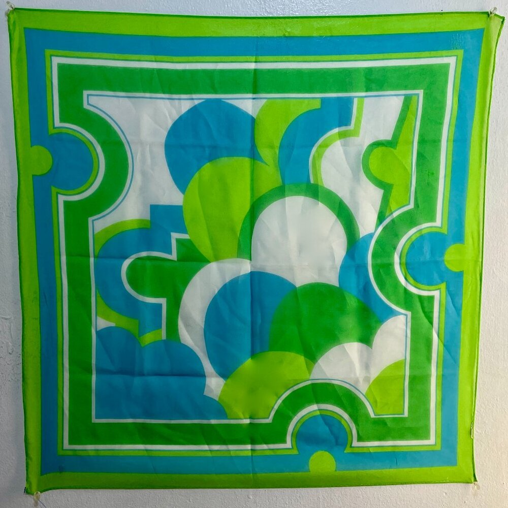 Vintage Mod Geometric Silk Square Scarf | Lime Green & Turquoise | 27" x 27"